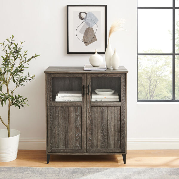 Babbett Cerused Ash Glass and Grooved Door Transitional Accent Cabinet, image 1
