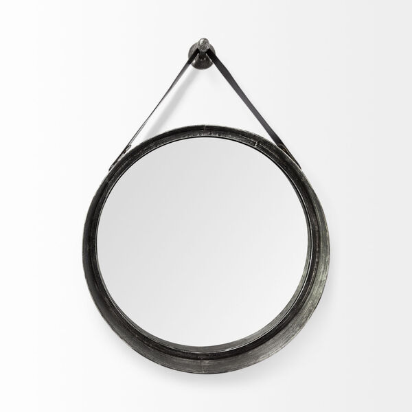 Northdale Black Round Metal Frame Wall Mirror with Leather Strap, image 3