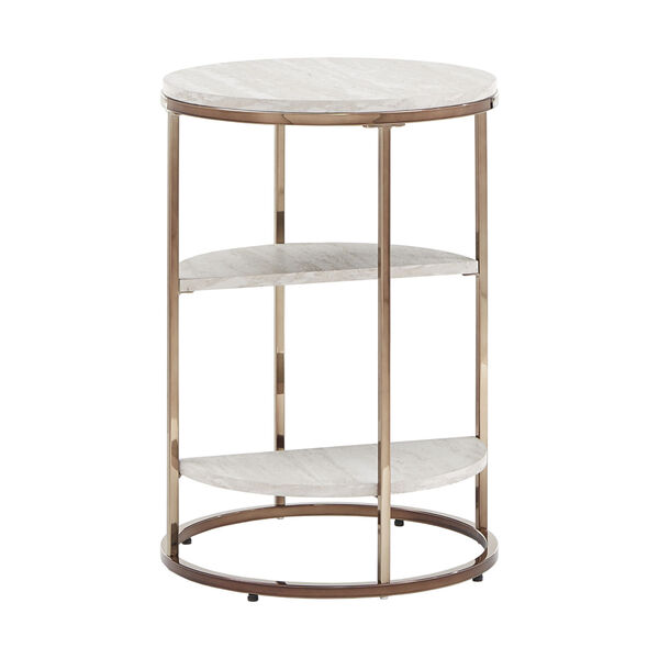 Olympia Champagne Gold and White Side Table with Faux Marble Top and Shelf, image 1