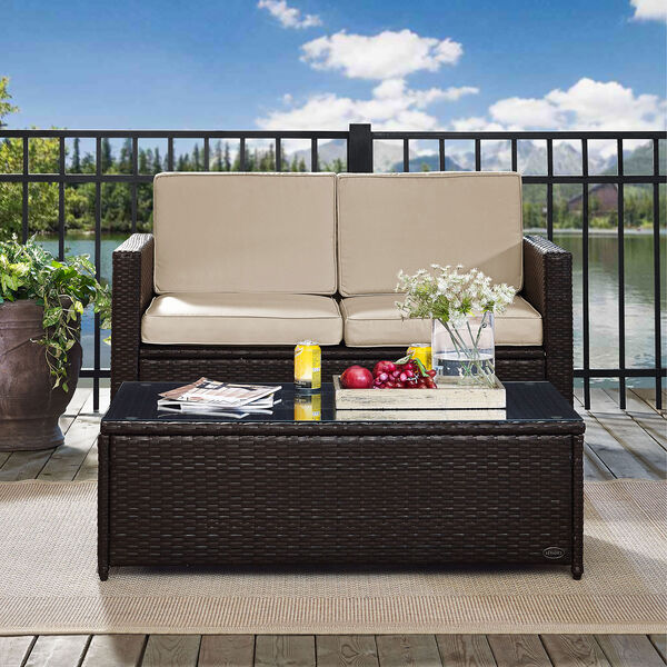 Palm Harbor 2 Piece Outdoor Wicker Seating Set With Sand Cushions - Loveseat and Glass Top Table, image 2
