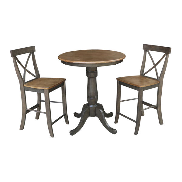 Hickory and Washed Coal 30-Inch Round Pedestal Gathering Height Table With X-Back Counter Height Stools, Three-Piece, image 1