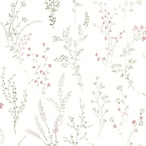 Simply Farmhouse Pink, Green and White Wildflower Sprigs Wallpaper, image 2