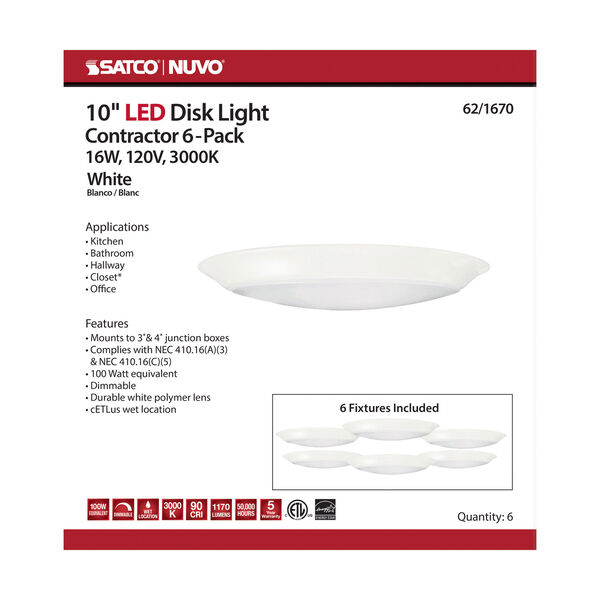 White 10-Inch 3000K Integrated LED Disk Light, Set of Six, image 4