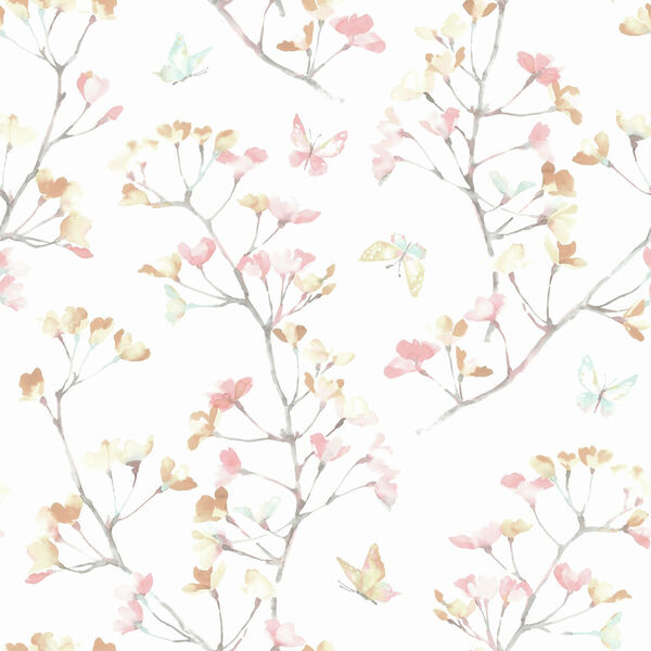 A Perfect World Peach and Aqua Watercolor Branch Wallpaper - SAMPLE SWATCH ONLY, image 1