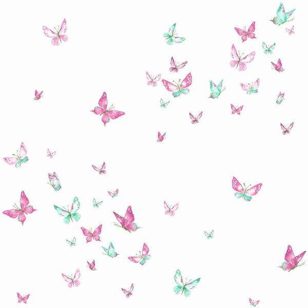 A Perfect World Magenta and Green Watercolor Butterflies Wallpaper - SAMPLE SWATCH ONLY, image 1