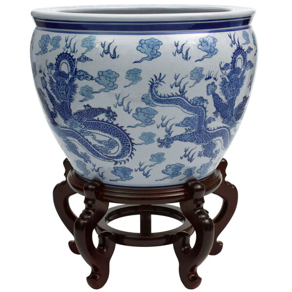 Dragon Blue and White 18-Inch Porcelain Fishbowl Planter, image 2