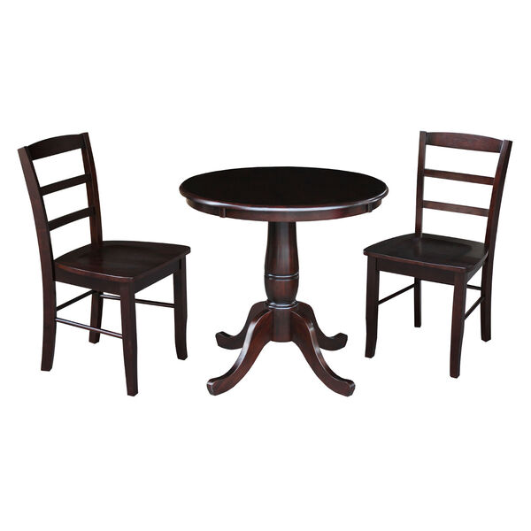 Rich Mocha 30-Inch Round Top Pedestal Dining Table with Two Ladderback Chair, Three-Piece, image 2