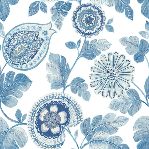 Boho Rhapsody Blue Oasis and Ivory Calypso Paisley Leaf Unpasted Wallpaper, image 2