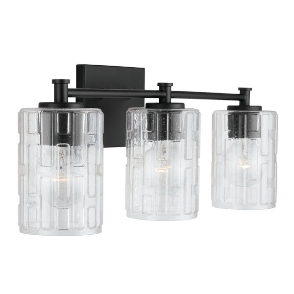 Matte Black Three-Light Bath Vanity with Clear Embossed Glass, image 1