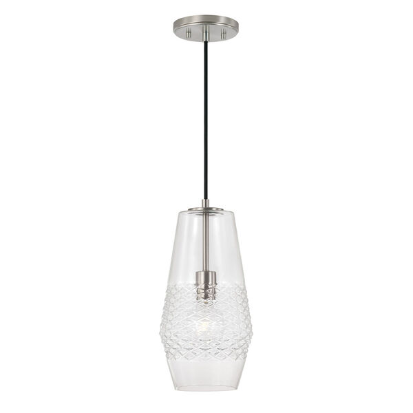Dena Brushed Nickel One-Light Pendant with Diamond Embossed Glass and Black Braided Cord, image 1