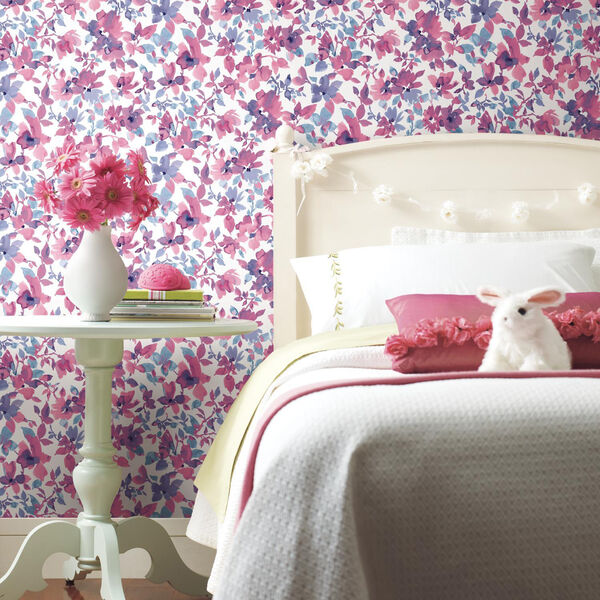 Watercolor Pink and Blue Floral Peel and Stick Wallpaper, image 2