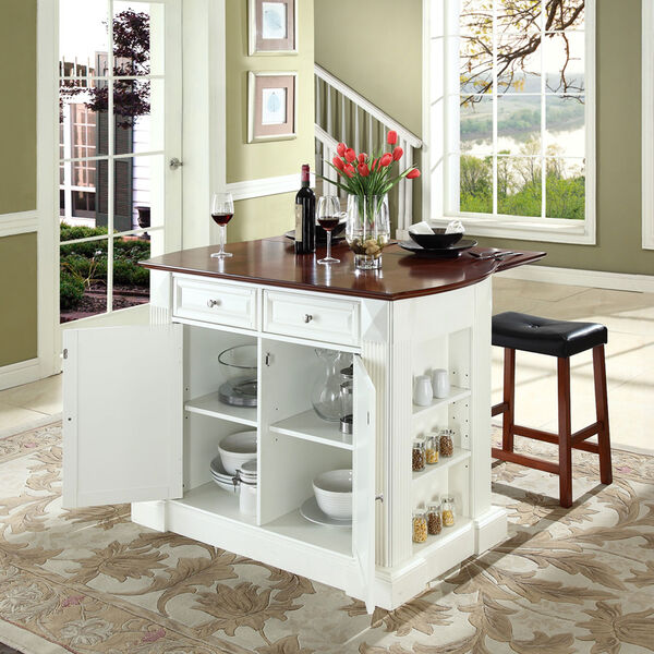 Drop Leaf Breakfast Bar Top Kitchen Island in White Finish with 24-Inch Cherry Upholstered Saddle Stools, image 4