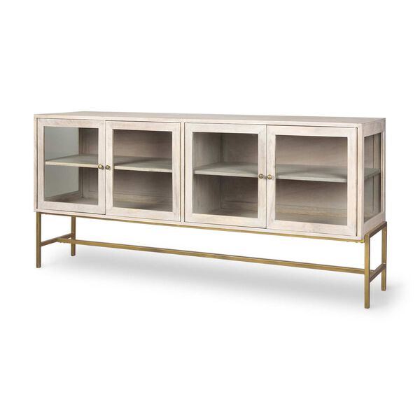 Arelius White and Gold Four-Door Glass Cabinet Sideboard, image 1