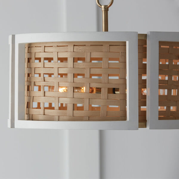 Lola Flat White and Matte Brass Four-Light Semi-Flush or Pendant Made with Handcrafted Mango Wood and Rattan, image 3