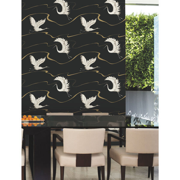 Black and Gold 27 In. x 27 Ft. Soaring Cranes Wallpaper, image 2