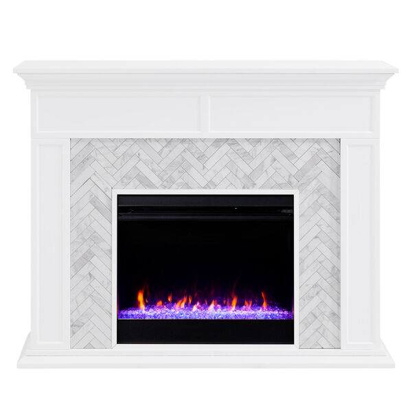 Torlington White Color Changing Marble-Tiled Electric Fireplace, image 4