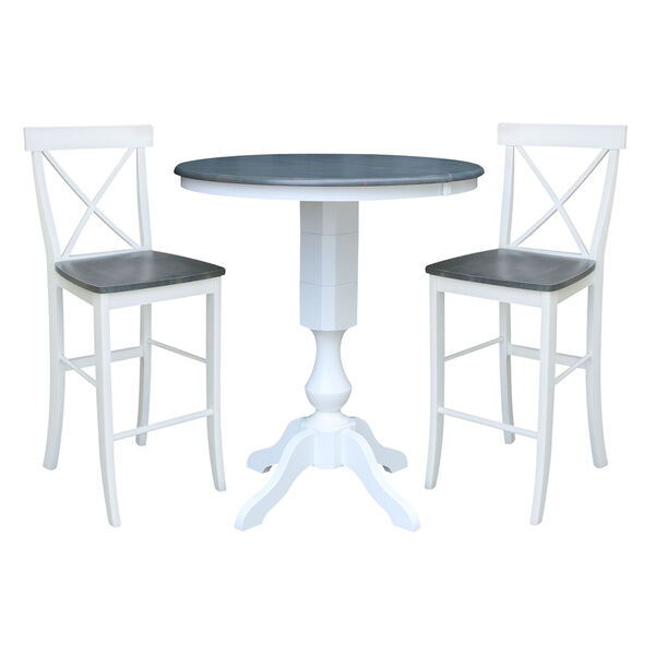 White and Heather Gray 36-Inch Round Extension Dining Table with Two X-Back Bar Stool, Three-Piece, image 1