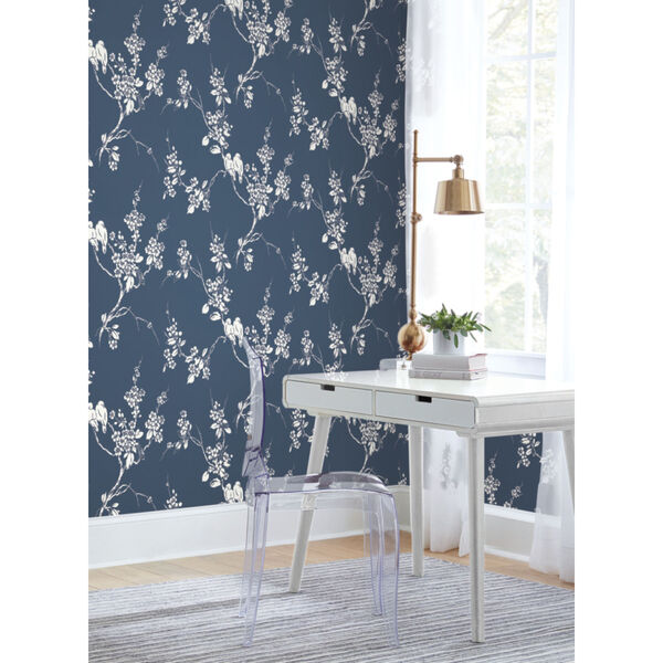 Silhouettes Navy Imperial Blossoms Branch Wallpaper, image 1