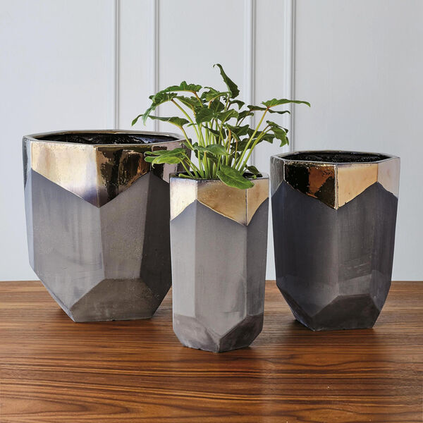 Bronze and Gray 10-Inch Faceted Banded Porcelain Container, image 3