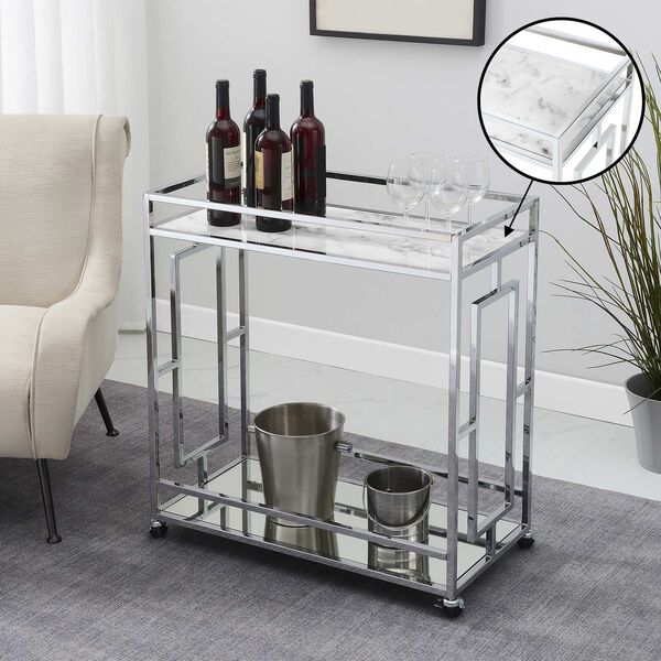 Town Square White Marble Mirror Chrome Marble Mirrored Bar Cart with Shelf, image 2