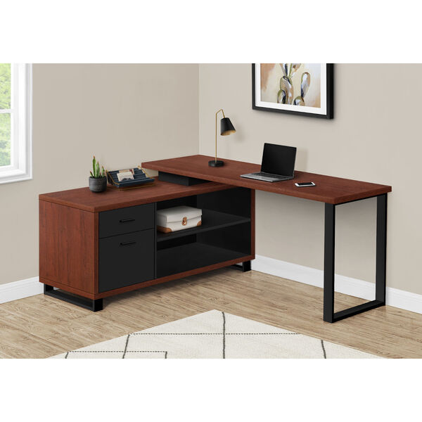 Cherry and Black Computer Desk with Drawers and Shelves, image 2