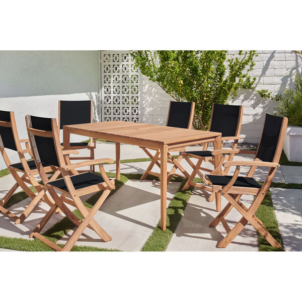 Del Ray Natural Teak Seven-Piece Rectangular Outdoor Dining Set with Textilene Fabric, image 2