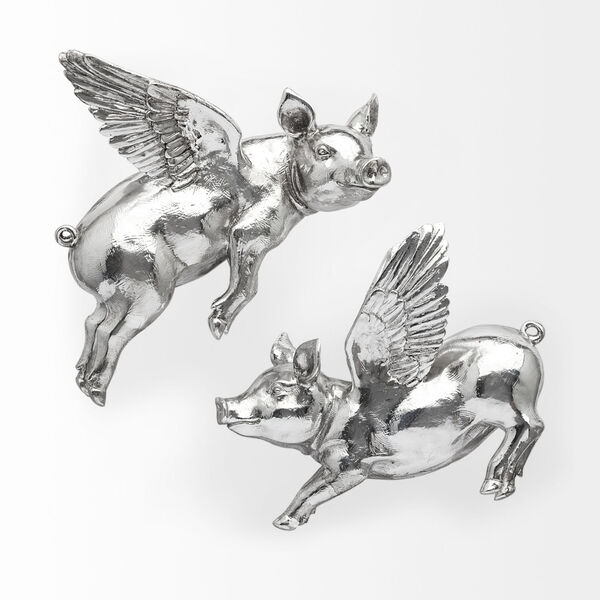 Hogbadi Silver Flying Pig Wall Sculpture, Set of Two, image 2