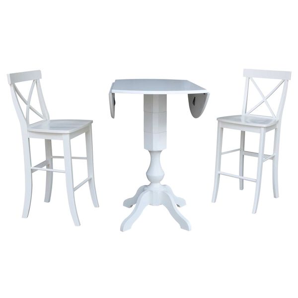 White 42-Inch High Round Pedestal Bar Height Drop Leaf Table with Stools, 3-Piece, image 2
