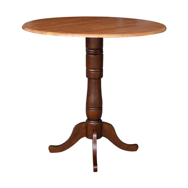 Cinnamon and Espresso 42-Inch High Round Top Dual Drop Leaf Pedestal Table, image 1