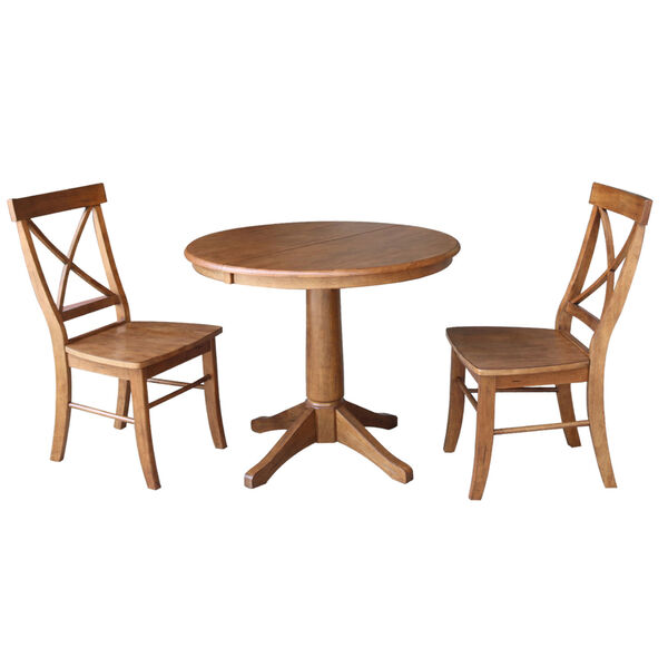 Distressed Oak 30-Inch Round Extension Dining Table with Two X-Back Stool, image 1
