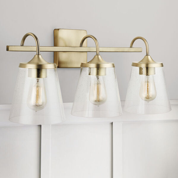 Aged Brass Three-Light Bath Vanity with Clear Seeded Glass, image 2