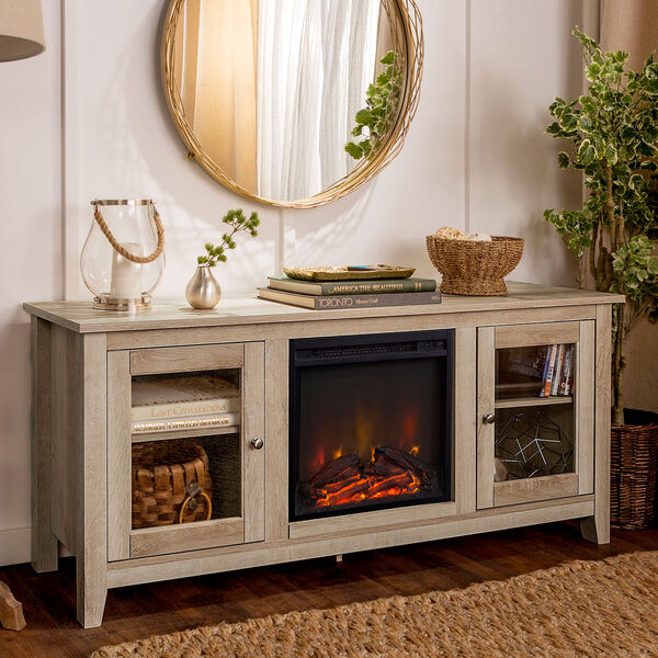 58-Inch Wood Media TV Stand Console with Fireplace - White Oak, image 1