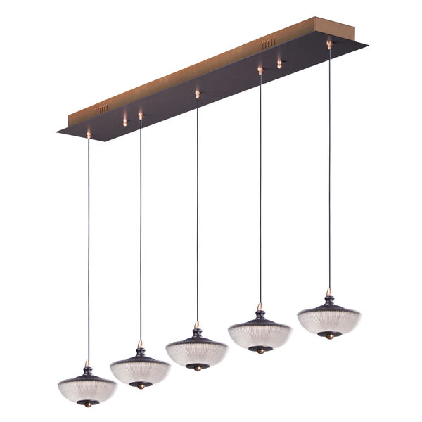 Bella Bronze and Gold Five-Light LED Linear Mini Pendant With Prismatic Clear Glass, image 1