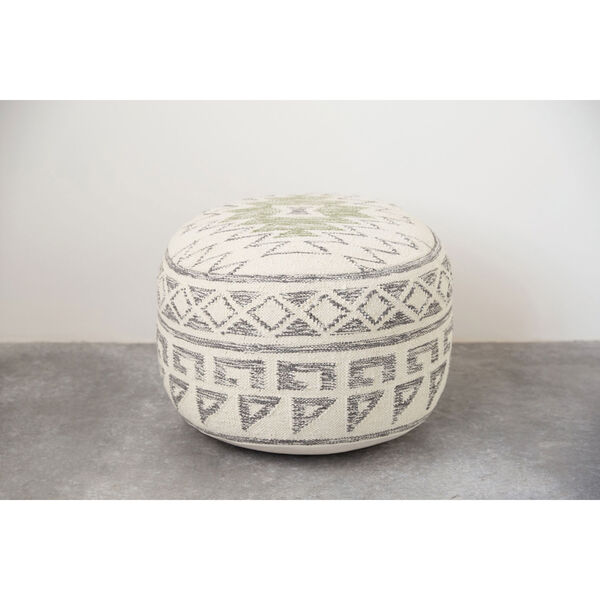 Cream, Grey, and Green Round Wool Blend Kilim Pouf, image 2