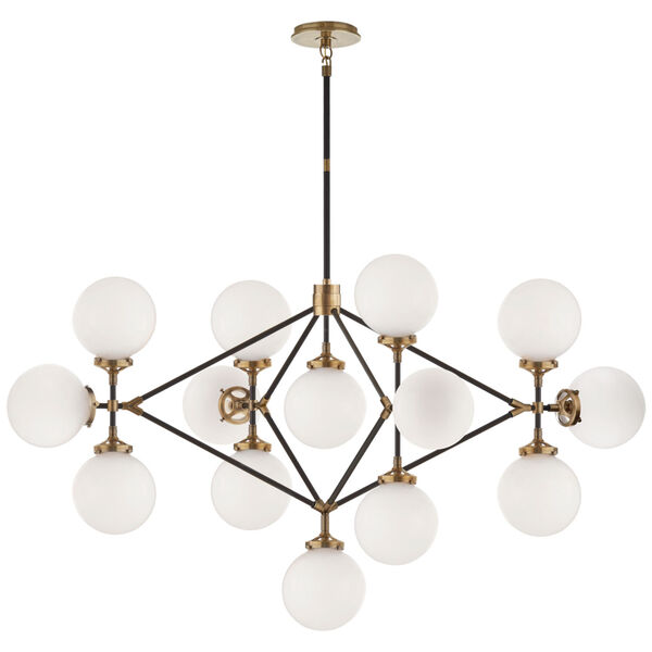 Bistro Four Arm Chandelier in Hand-Rubbed Antique Brass and Black with White Glass by Ian K. Fowler, image 1