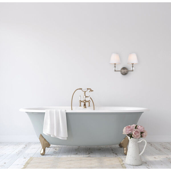 Bethany Satin Nickel and White Fabric Shade Two-Light Bath Vanity, image 2