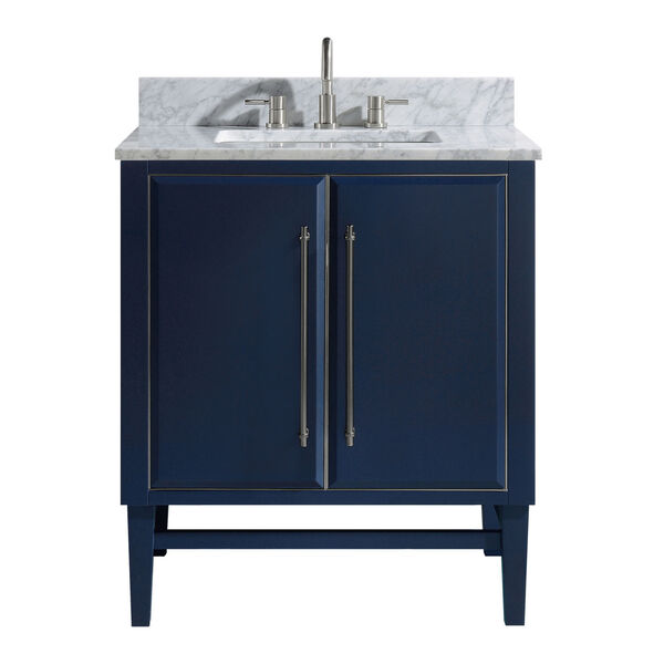 Navy Blue 31-Inch Bath vanity Set with Silver Trim and Carrara White Marble Top, image 1