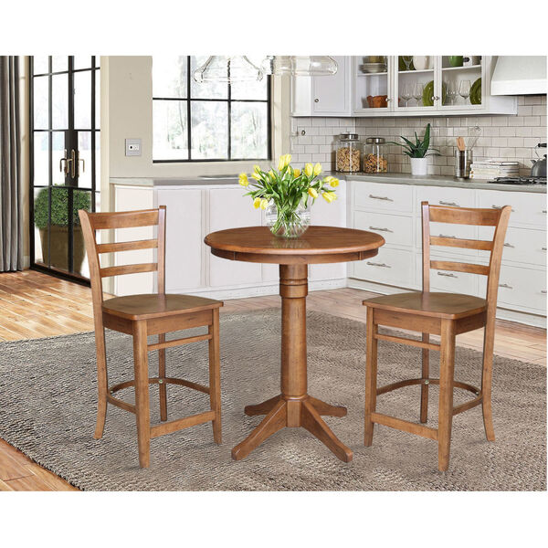 Emily Distressed Oak 30-Inch Round Top Pedestal Table with Two Counter Height Stool, Set of Three, image 1