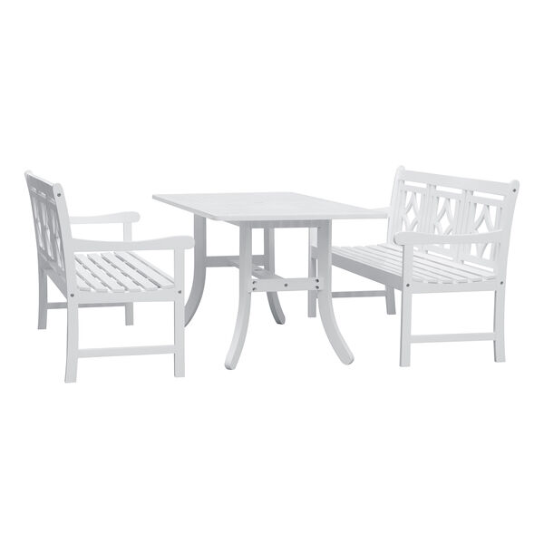 Bradley White 3-piece Wood Patio Curvy Legs Table Dining Set with Two 57-Inch Benches, image 1
