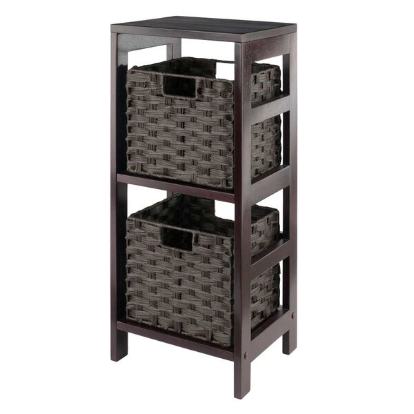 Leo Espresso Storage Shelf with Two Foldable Woven Baskets, 3-Piece, image 1