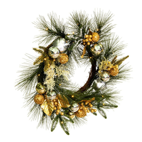 Green 24 In. Artificial Christmas Wreath with Battery Operated Warm White Lights, image 2