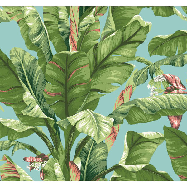 Ashford House Tropics Aqua and Green Banana Leaf Wallpaper, image 1
