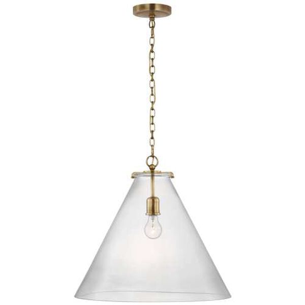 Katie Antique Brass One-Light Large Conical Pendant with Clear Glass by Thomas O'Brien, image 1