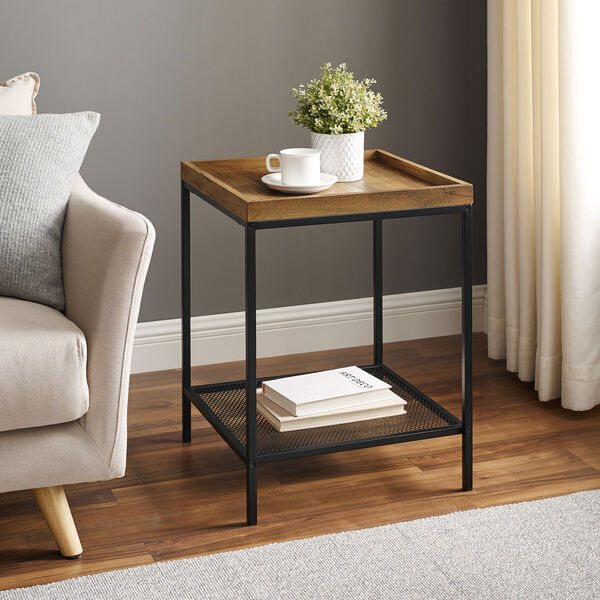 18-Inch Rustic Oak Square Tray Side Table with Mesh Metal Shelf, image 3