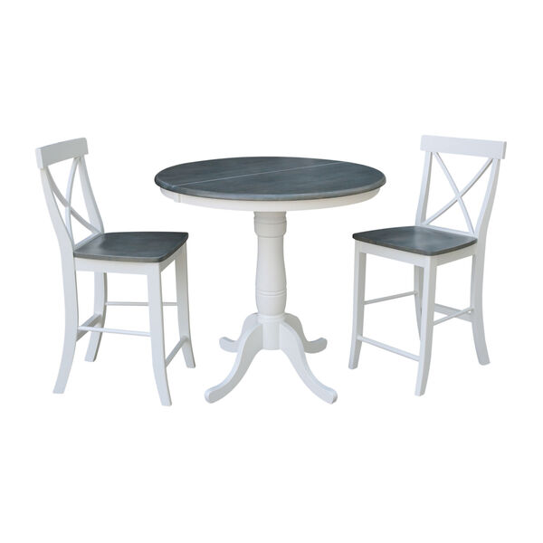 White and Heather Gray 36-Inch Round Extension Dining Table With Two X-back Counter Height Stools, Three-Piece, image 1