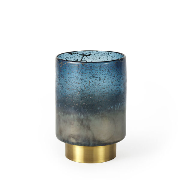 Caspian II Blue and Antique Brass Short Bottom Vase, image 1