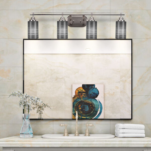 Odyssey Brushed Nickel Four-Light Bath Vanity with Four-Inch Black Matrix Glass, image 2