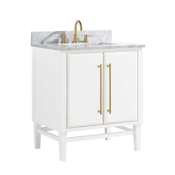 White 31-Inch Bath vanity Set with Gold Trim and Carrara White Marble Top, image 2