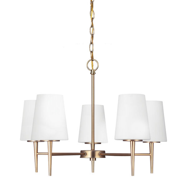 Driscoll Satin Brass Five Light Single Tier Chandelier with Etched Glass Painted White Inside, image 1