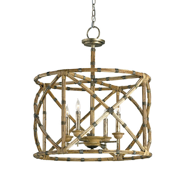 Palm Beach Pyrite Bronze and Washed Wood and Natural Four-Light  Lantern, image 1